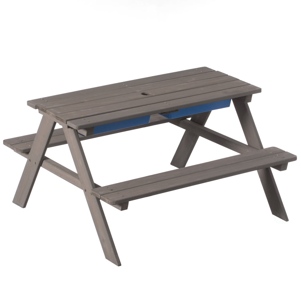 Kids Picnic Play Table, Sandbox Table with Umbrella Hole and 2 Play