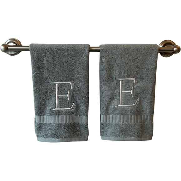 Gray Initial Hand Towel for Bathroom - Monogrammed Luxury Hotel Quality Decorative Embroidered Towel for Powder Room, Spa - GOTS Organic Certified - Set of 2 Silver Letter E