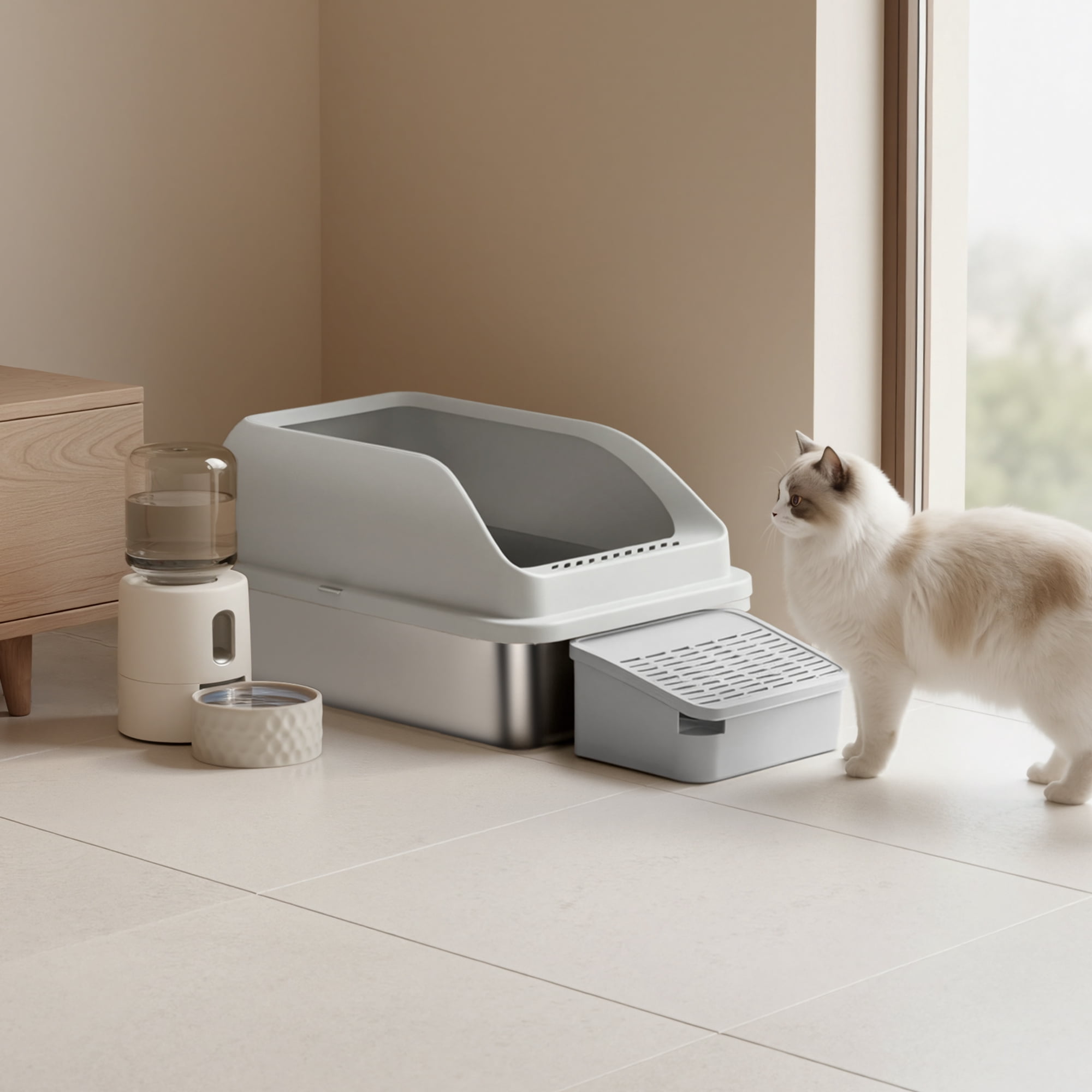 LEDREM Stainless Steel Open Top Cat Litter Box with Step, High-Sided Litter Tray for Cats up to 33 lb, Dove Gray