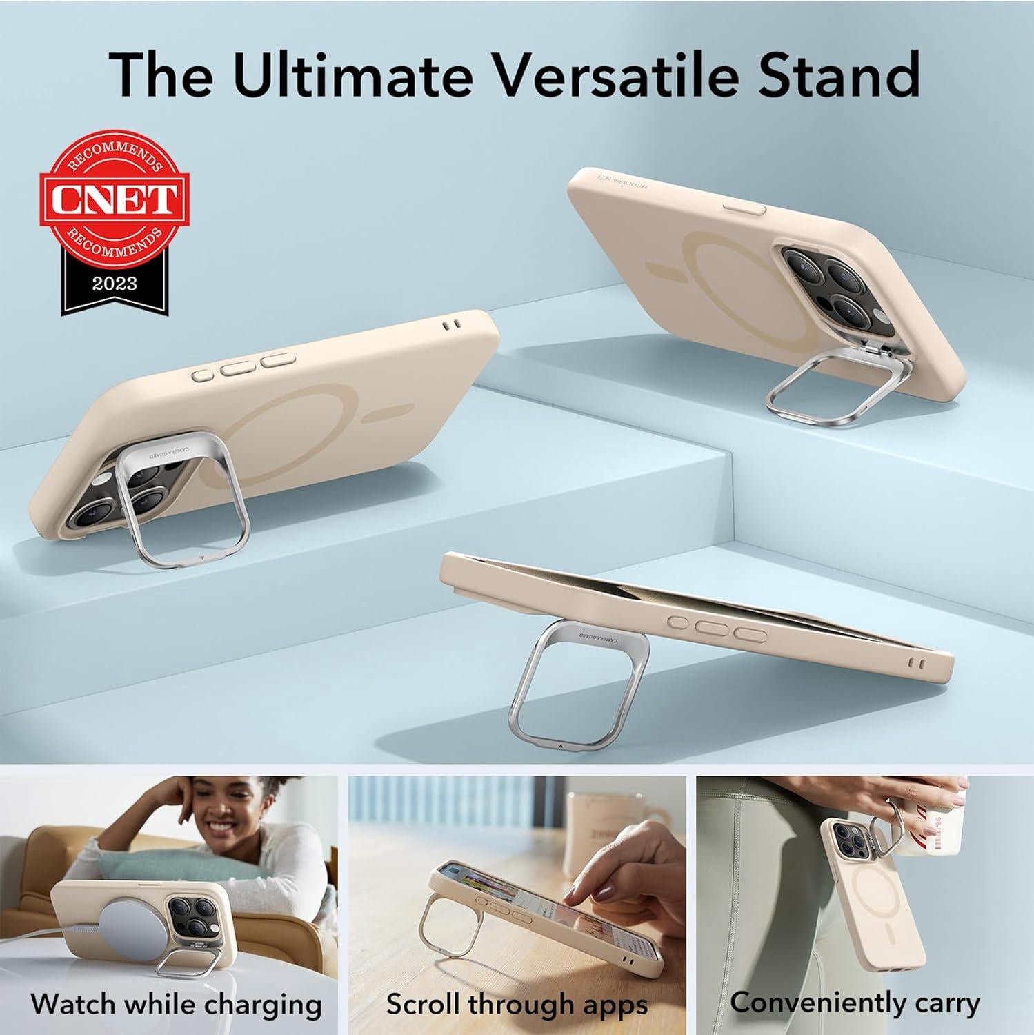 ESR iPhone 15 Pro Case, MagSafe Silicone Case with Stand, Military-Grade Protection, Built-in Camera Stash Stand, Light Tan
