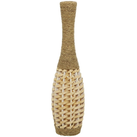 DecMode Wood Bohemian Inspired with Woven Strips and Dark Brown Coiled Rope Decorative Vase 8"W x 32"H, with Brown Finish