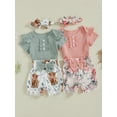 thumbnail image 3 of BemeyourBBs Newborn Baby Girl Summer Outfits Cute Infant Baby Girl Clothes Solid Color Ribbed Knit Short Sleeve Romper Front Bow Floral Cow Print Shorts Set Headband 3Pcs, 3 of 9