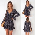 thumbnail image 1 of Femmes Impression Robes Courtes Dames Manches Longues Profonde V-Cou Mini Robe, 1 of 5