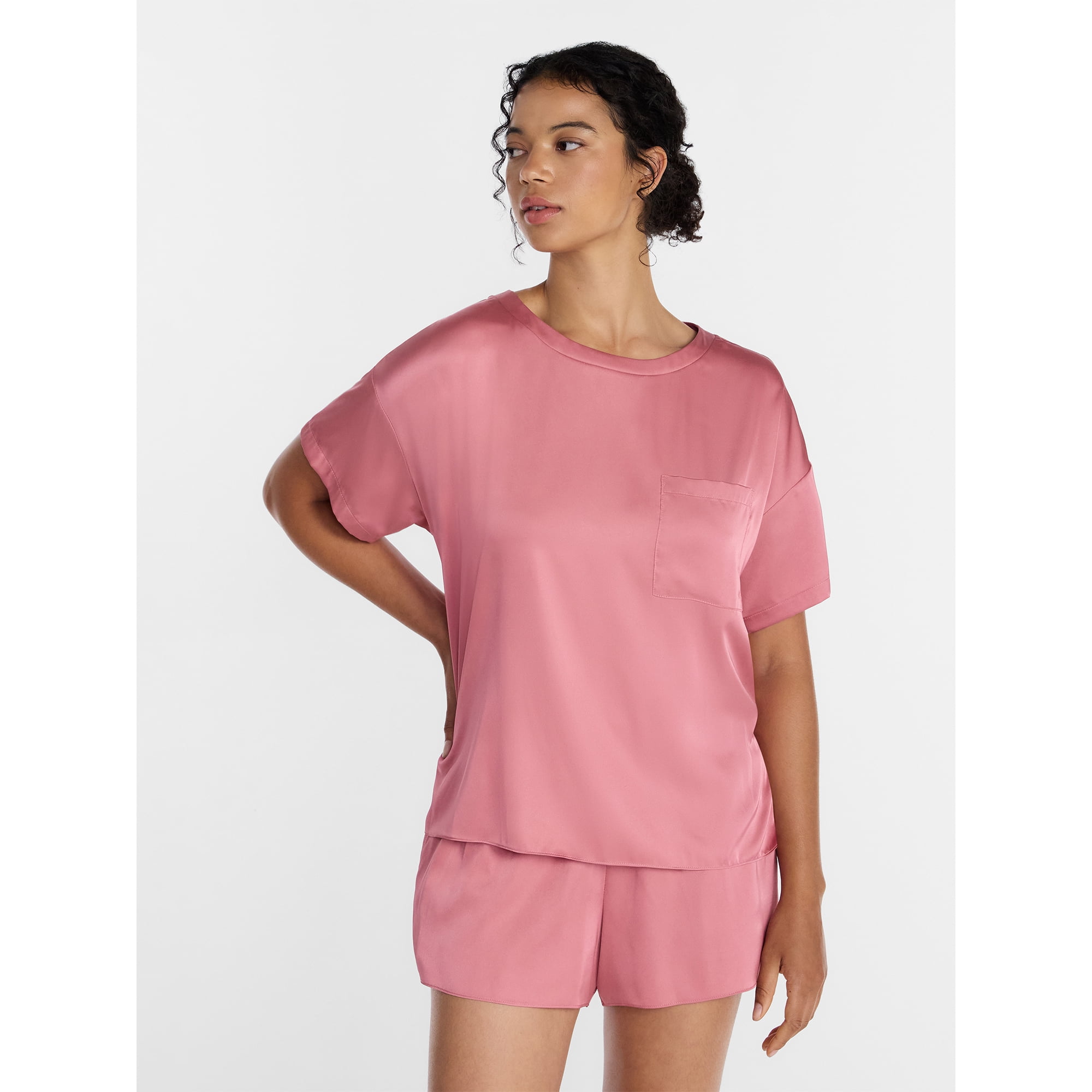 Joyspun Women’s Short Sleeve Stretch Satin Top and Shorts Pajama Set, 2-Piece, Sizes XS-3X