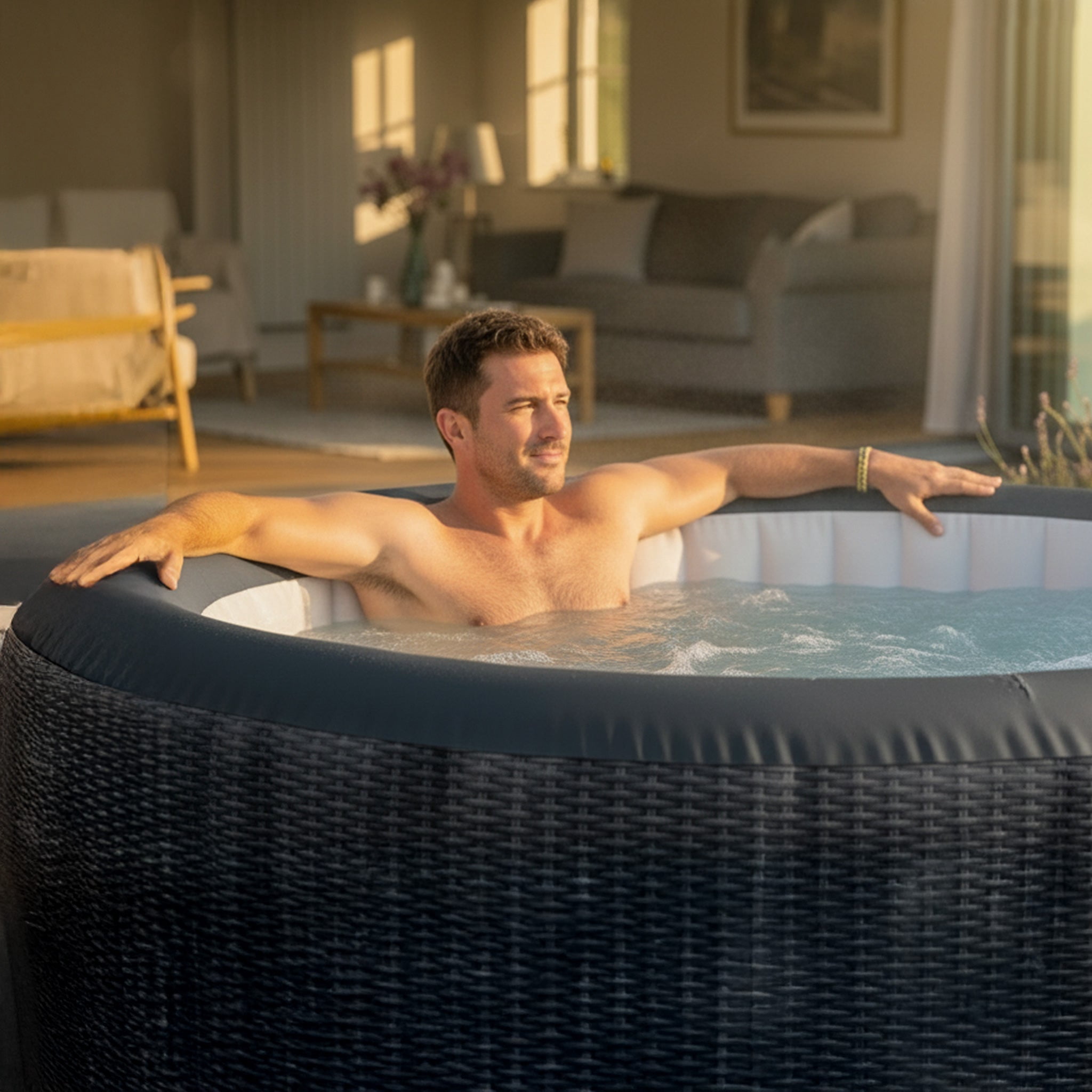 Wave Atlantic 4-Person Round Inflatable Hot Tub | 110-Jet AquaJet, Heater | Slate Rattan