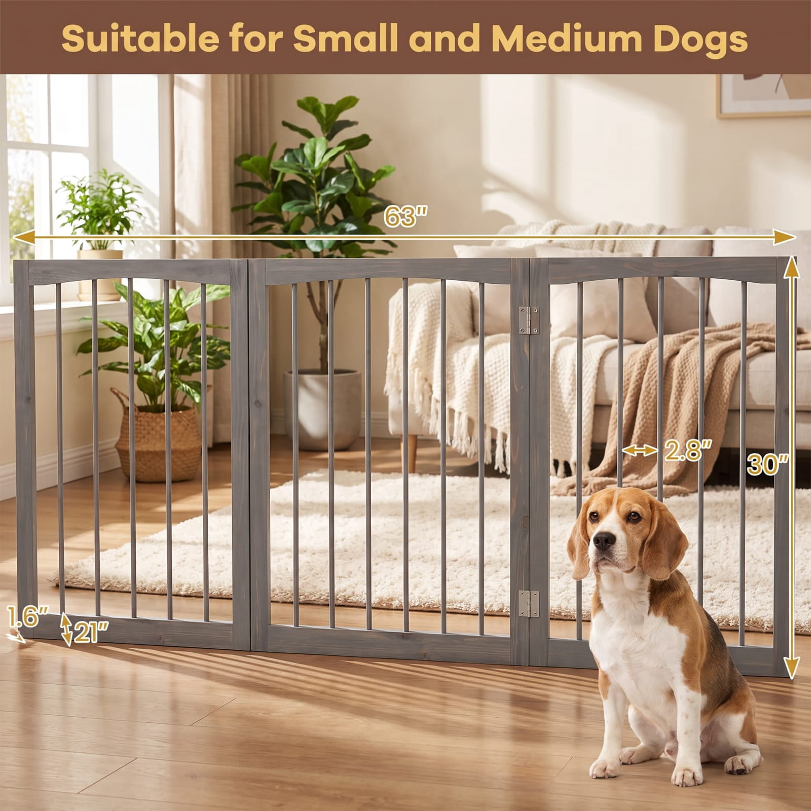 Vebreda Dog Playpen, 30 Inch Tall Wooden Pet Fence for Cats Small and Medium Dogs, Versatile Application, Flexible 3-Panel Configurations