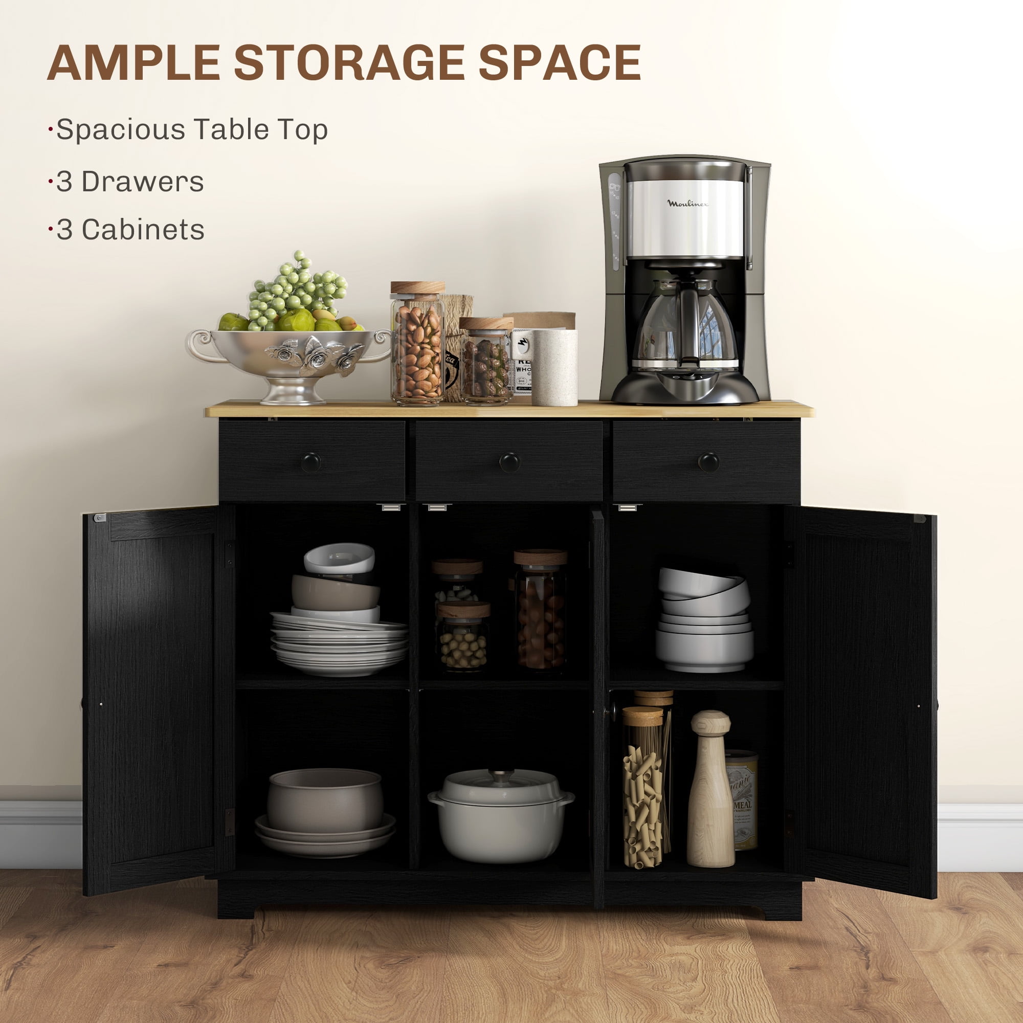 HOQBN Sideboard Buffet Cabinet with Rubberwood Top and Adjustable Shelves for Dining Room, Kitchen, Black