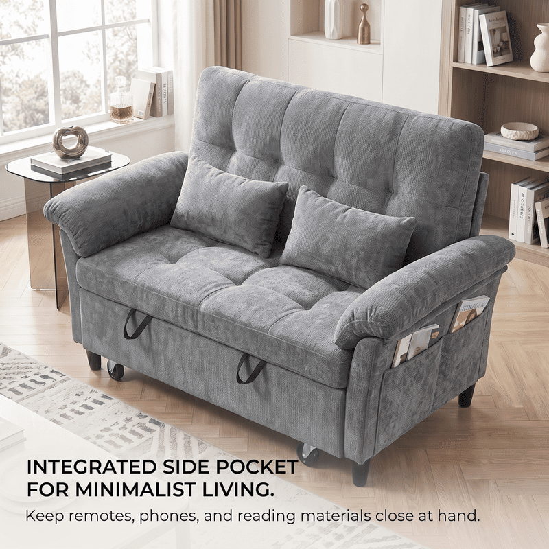 Gewnee 58" Convertible Sofa Bed, Loveseat Sleeper Sofa with USB Ports, Side Table& 6-in-1 Adjustable Backrest, Pull Out Sofa with Pillows for Small Spaces,Chenille(Gray)