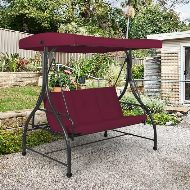 Topbuy 3 Personne Porche Balançoire Hamac Banc Chaise en Plein Air avec Verrière Vin Rouge