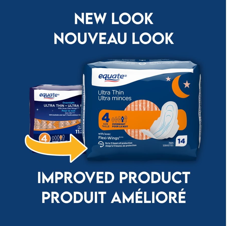 Equate Overnight Absorbency Ultra Thin Pads With Flexi-Wings, Size 4, 14 Count, 14 Size 4 Ultra Thin Pads Unscented With Flexi-Wings