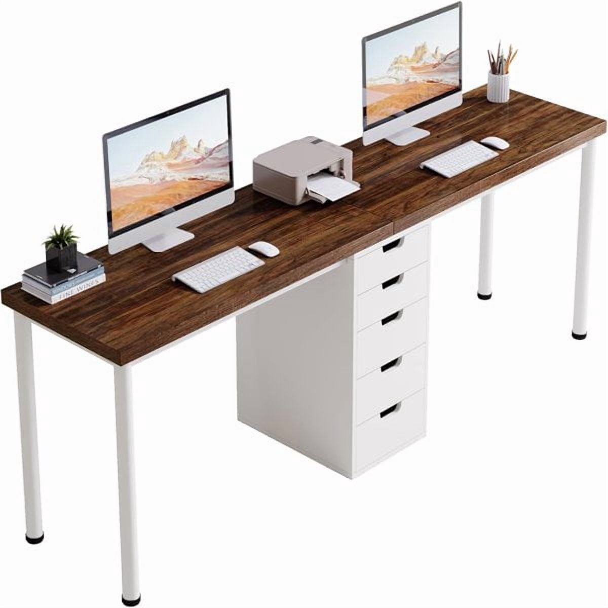 78.7 Inch 5-Drawer Double Computer Desk - Two-Person Workstation with Storage, Brown & White, MDF with Metal Legs - for Home Office