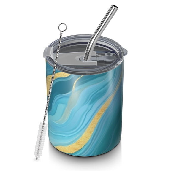 12oz Coffee Tumblers Blue and Gold Marble Shimmer Streaks Pattern Stainless Steel Vacuum Insulated Travel Tumbler Coffee Cups Mug with Lid and Straw with Cleaning Brush for Cold & Hot Drinks