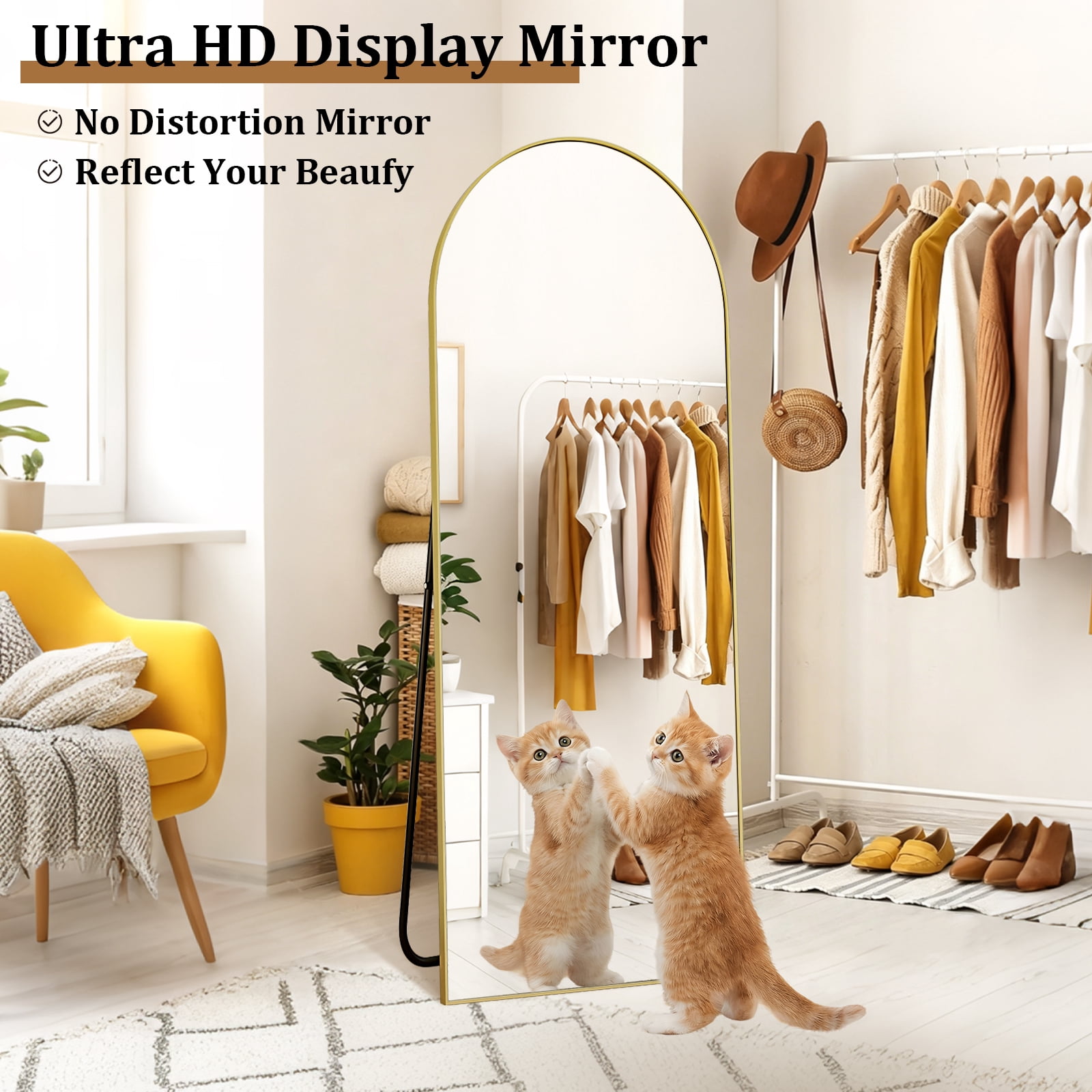 AUROMIR 59"x16" Arched Full Length Mirror Floor Mirror Full Body Standing Mirror, Gold