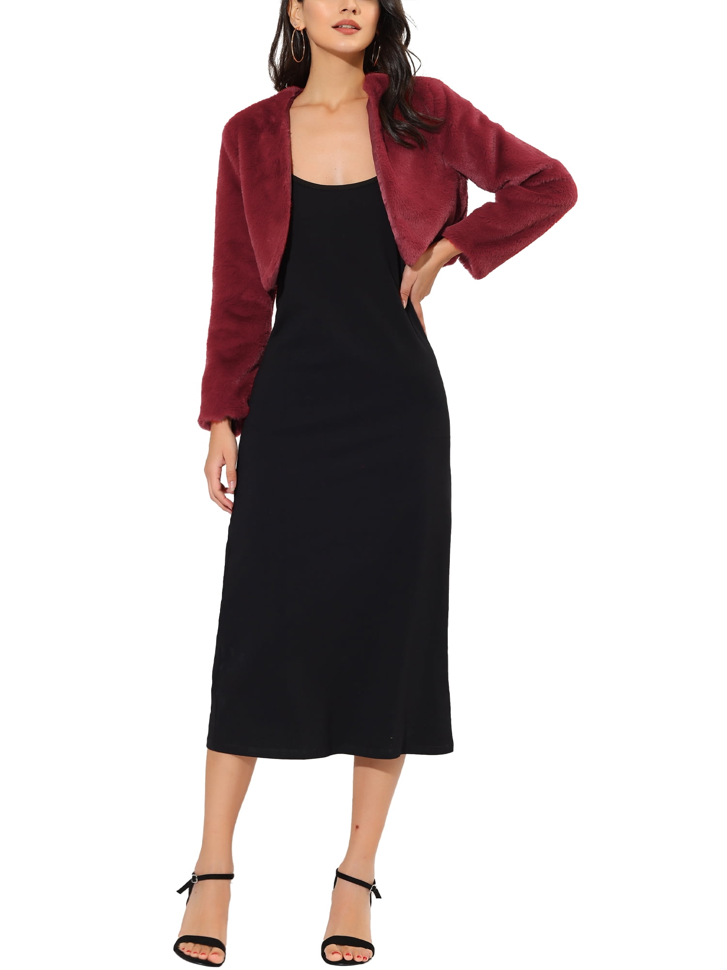 DARING DIVA Women's Cropped Open Front Faux Fur Short Shrug Jacket L Wine Red