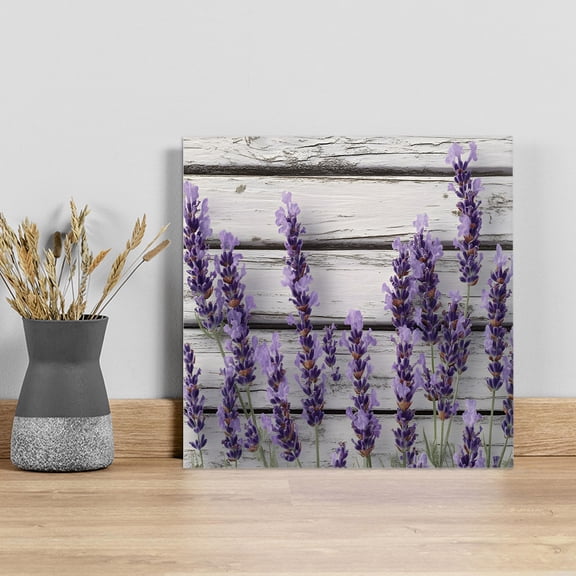 Spring Lavender Floral Wall Art Painting on Canvas, Botanical Flower Vintage Wood Grain Canvas Art Home Prints Wall Art Framed Modern Artwork for Living Room Bedroom Wall Decor 8x8in