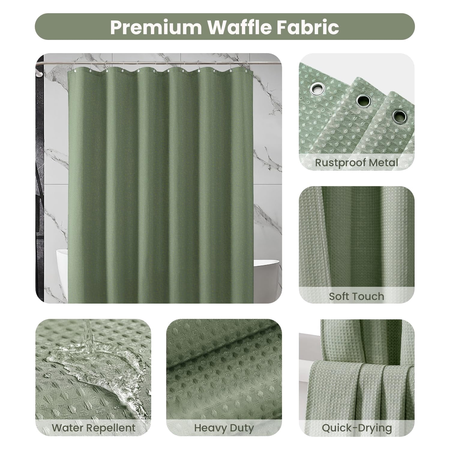 Shower Curtain sage green curtains bathroom curtain Waffle Textured Heavy Duty Thick Fabric Shower Curtains for Bathroom, Luxury Weighted Polyester Cloth Bath Curtain ,72Wx72H,Green