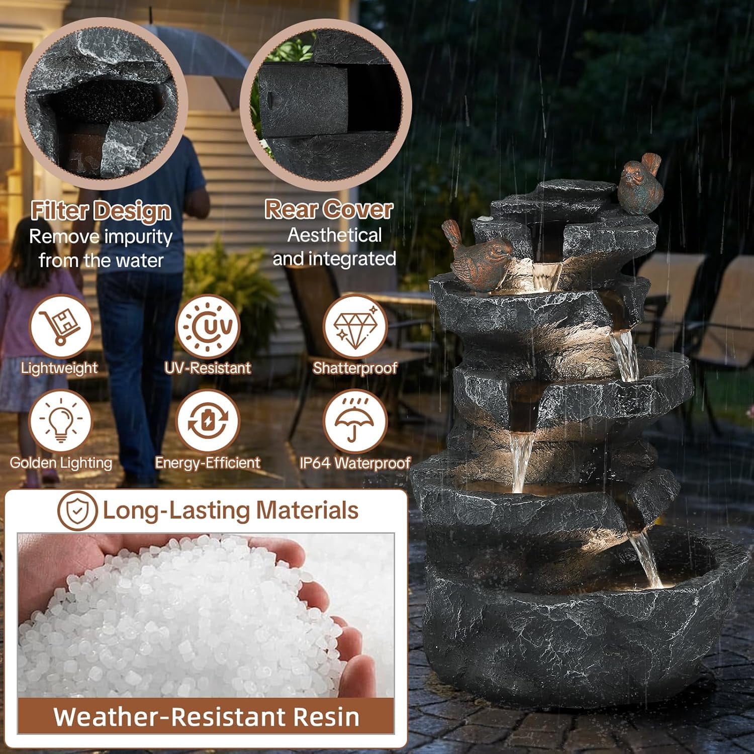 HOMEDIARY Outdoor Water Fountain, 22.3" H 5-Tier Cascading Waterfall Fountain with LED Lights & Adjustable Pump, Decorative Birds Water Feature with Natural Rock Finish for Patio, Backyard & Deck