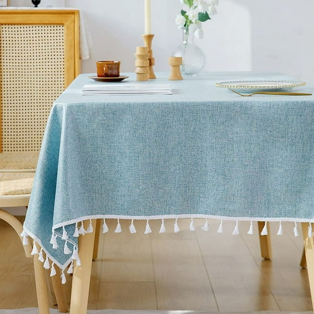 Nvzi Manteles de lino y algodón lavables, a prueba de polvo, mantel de tela con borlas para cocina, comedor, uso diario (rectangular/oblongo, 55 x 86,6 pulgadas, lino, azul grisáceo)