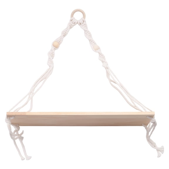 Boho Macrame Wall Hanging Floating Shelf with Wooden Beads, Farmhouse Rustic Plant Display Wall Rack