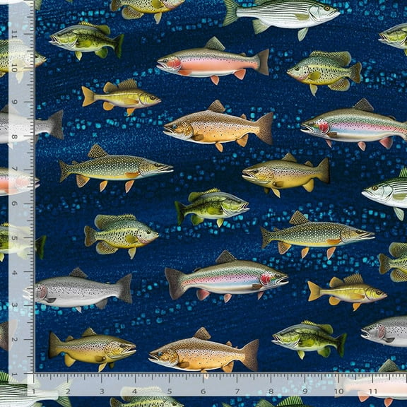 Cotton Fishes Fish Animals Aquatic Water Ocean Fishing Blue Cotton Fabric Print by the Yard (GM-CD2640-BLUE) by Timeless Treasures