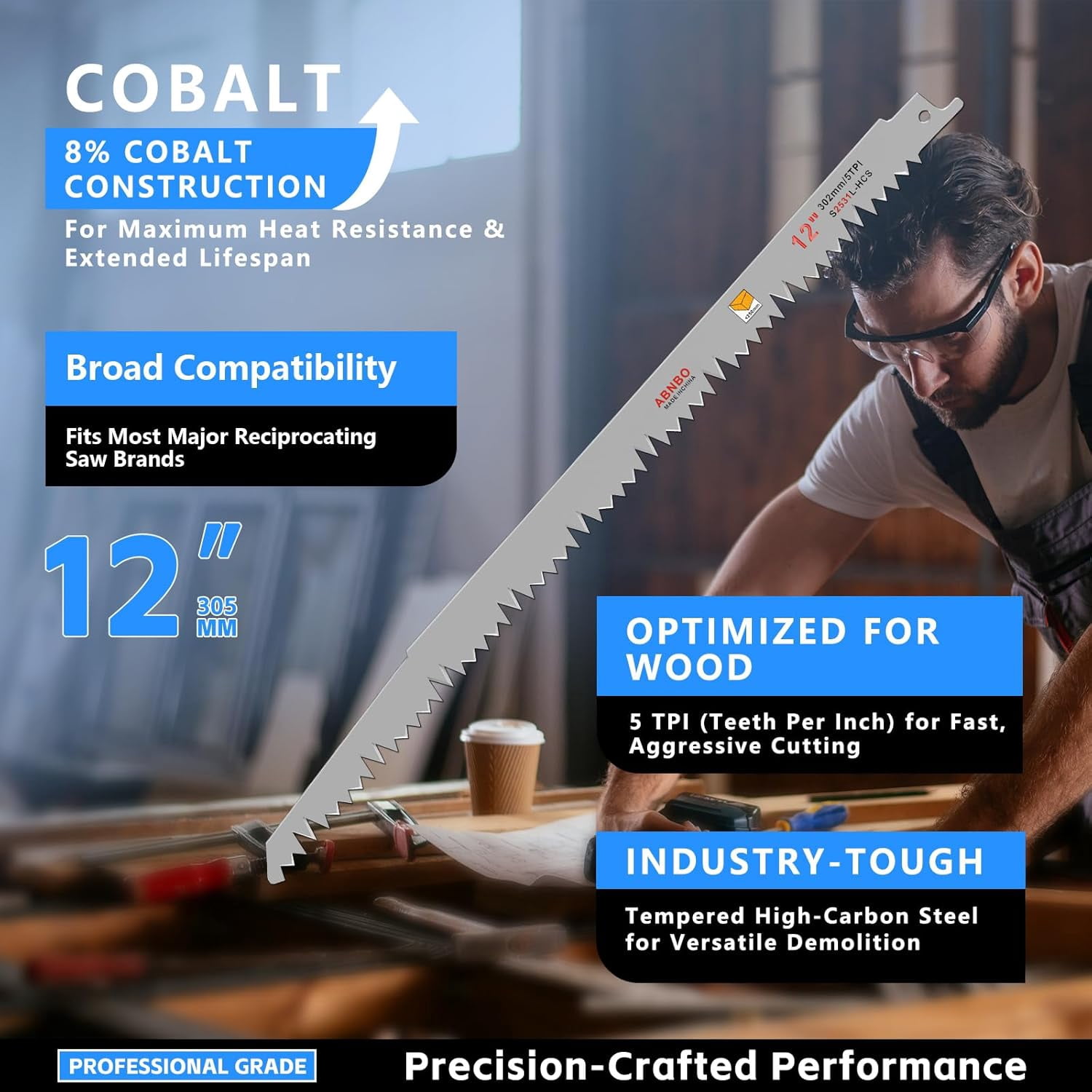 12-Inch Wood Pruning Reciprocating Saw Blades, 5TPI High Carbon Steel Sawzall Blades for Trees Wood Cutting (10 Pack)