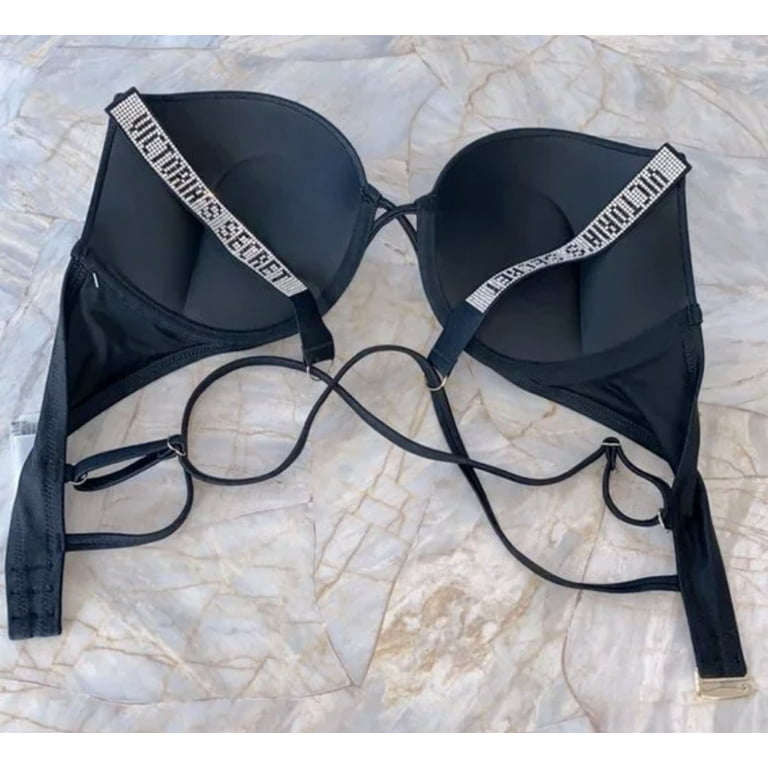 32B New Victoria's Secret Shine Strap BOMBSHELL Add 2 cups Swimsuit Black  Bikini Swim Top