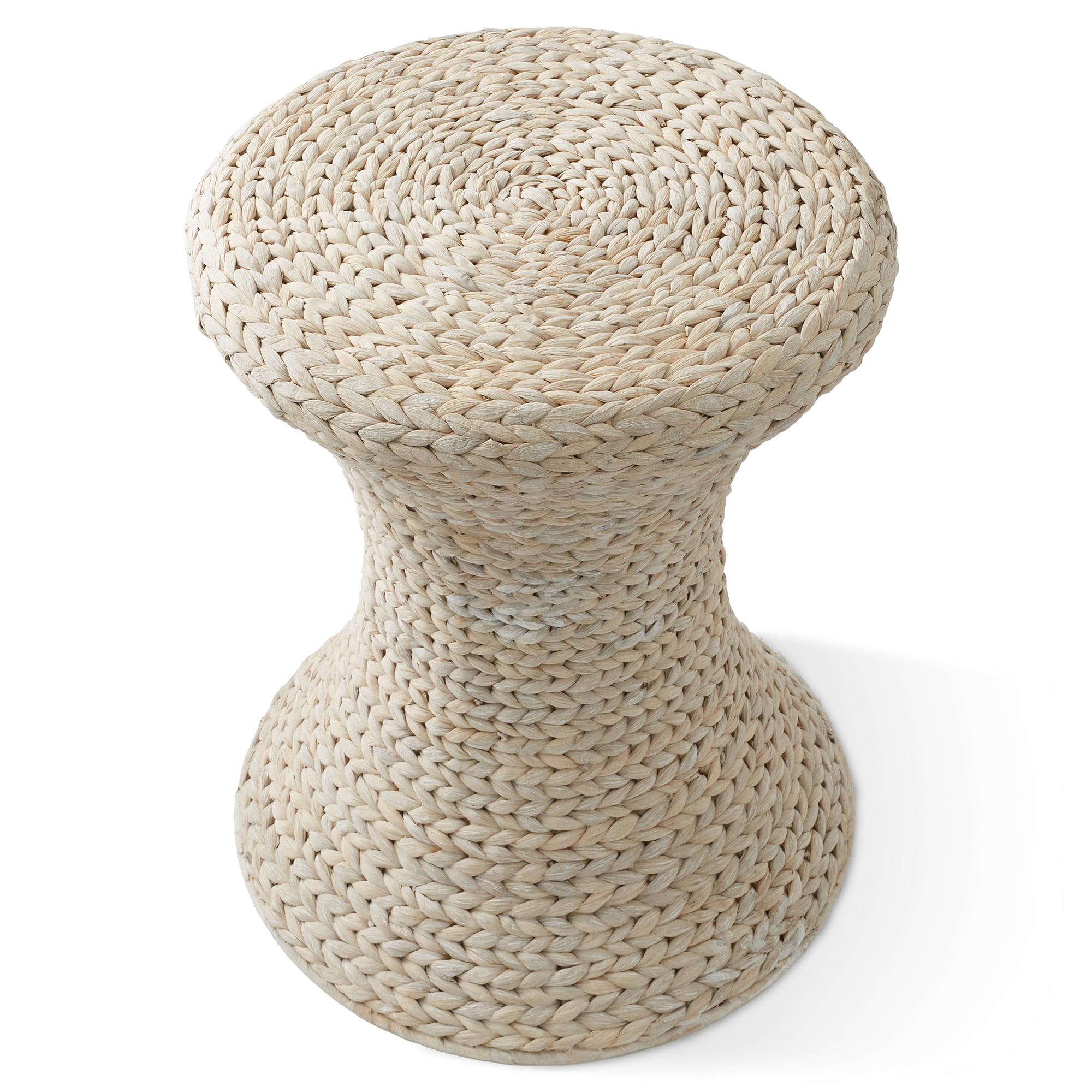 Casafield Hourglass Side Table - Whitewash White, Handwoven Water Hyacinth, Boho Wicker End Table for Bedroom, Entryway, Living Room, Office