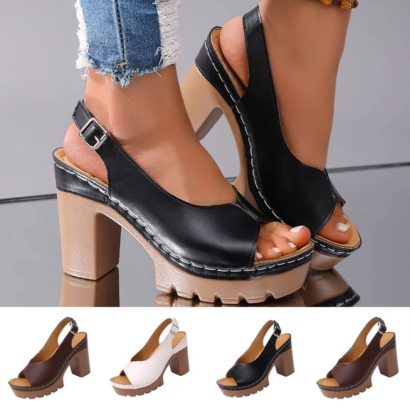 Miluxas Ankle Heels Platform Heeled Sandals Chunky Block Elastic Slingback Open Toe Ankle Strappy Heels Brown 9.5(43)