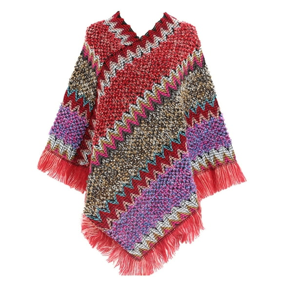 MSJUHEG Shawls And Wraps Scarf Splice Poncho With Tassels Knitted Shawl Scarf Fringed Wraps Pashminas Sweater Pullover Cape Gifts For Sweater Tassel Hem Shawl Wrap Cloak Scarf For Women Red One Size