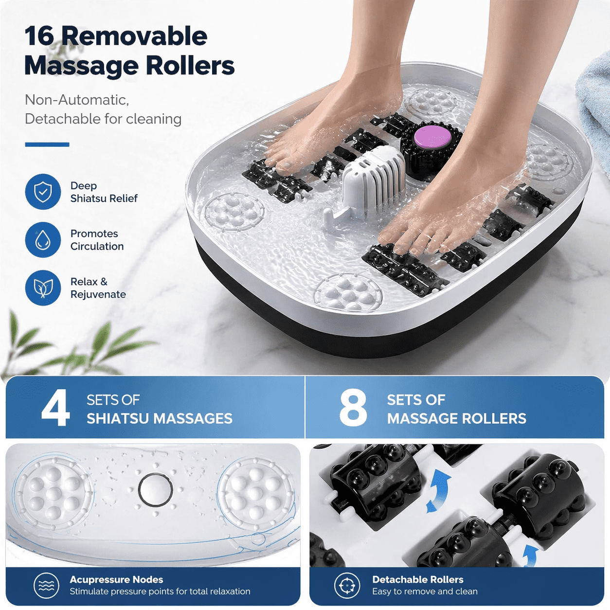 Koramzi Foot Spa Bath Massager with Heat, Bubbles, Remote, Foldable Design, 3 Temp, Rollers, Pumice Stone, Red Light, Timer, Fits up to Men Size 12, Black/White