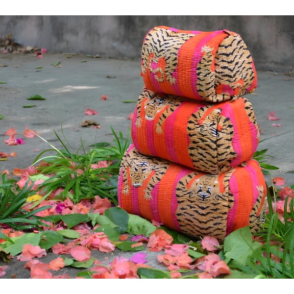 INDACORIFY Cotton Quilted Toiletry Bag Set of 3 Pieces Tiger Print Cosmetic Makeup Bags Pouches Travel Vintage Storages Shaving Kit
