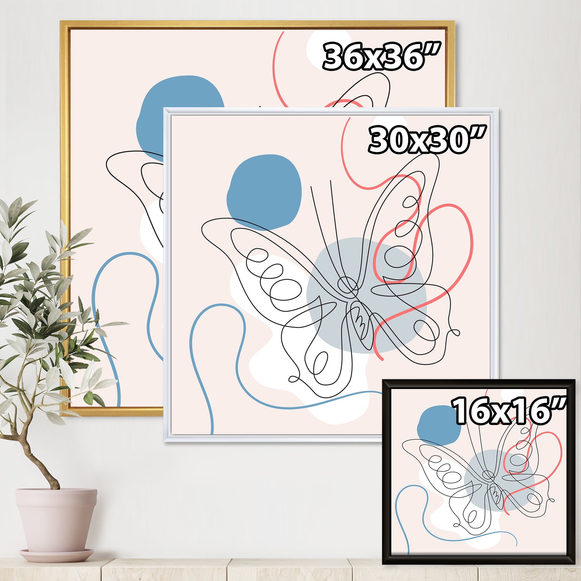 Designart 'One Line Butterfly Drawing On Cubism Shapes III' Modern Framed Canvas Wall Art Print