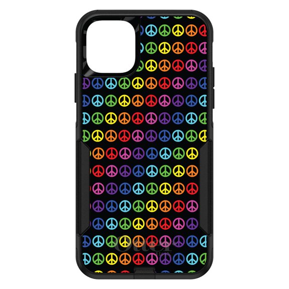 DistinctInk OtterBox Commuter Custom Case for Apple iPhone 15 (6.1" Screen) - Black Rainbow Peace Signs - Shockproof Protection