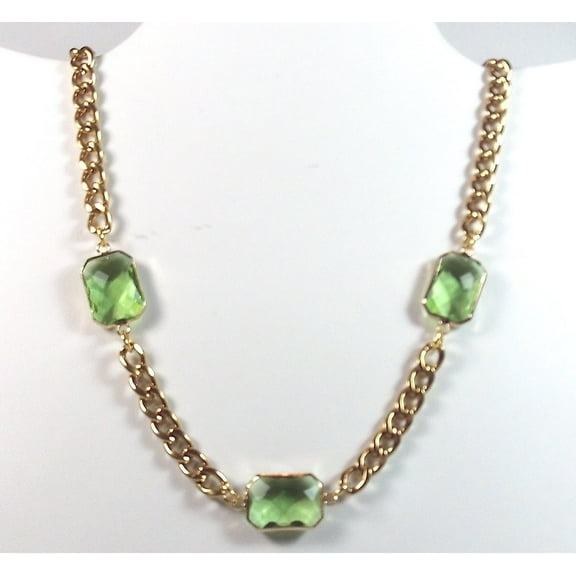 18K Yellow Gold-Plated 18-Inches Three Stone Bezel Set 45.00 CTW Green Emerald Shape Crystal Cleopatra-Style Necklace Gift