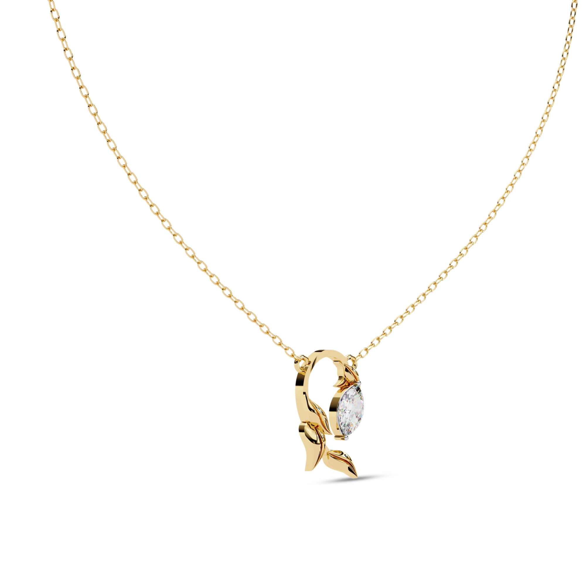IGI Certified Lab Grown Diamond Olive Leaf Branch Pendant Necklace for Women | Marquise Cut Diamond Necklace with 18 Inch Cable Chain 14K Solid Yellow Gold F-G, VS-SI Quality (0.50 Ctw)