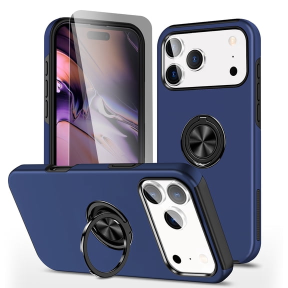 Allytechgroup iPhone 17 Pro Max Case with Anti-Spy Screen Protector, Ring Holder Kickstand Anti-Scratch Magnetic Back Cover Compatible with Car Mount Rugged Hybrid TPU PC Phone Case, Blue
