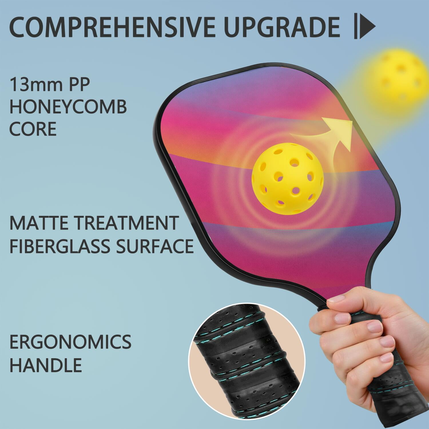 Pickleball Paddles Set Of 1, Fiberglass Surface, Neon Fluid Print, 1 Paddle, 2 Balls & Bag
