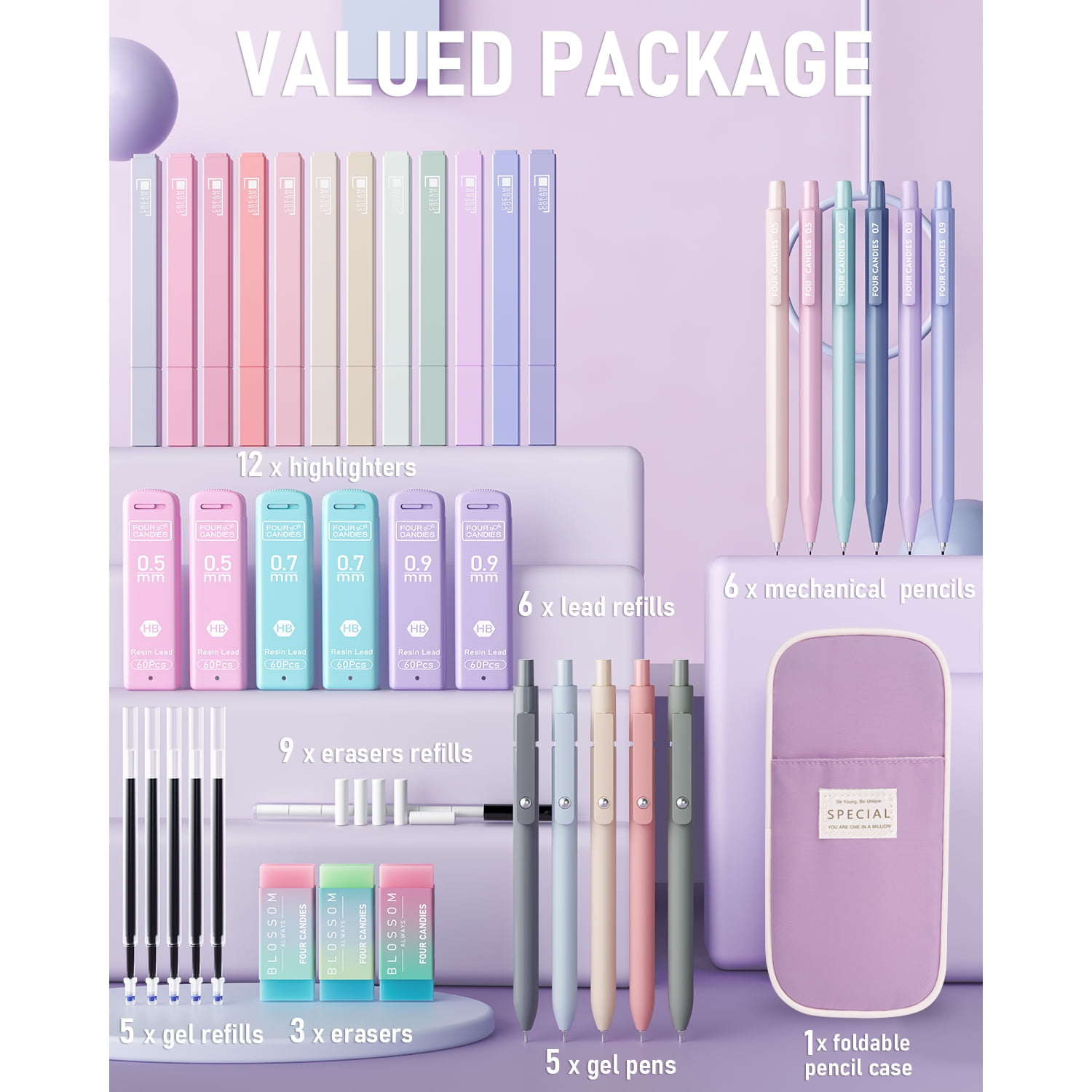 Four Candies 39 PCS Aesthetic Supplies with Cute Pencil Case Purple