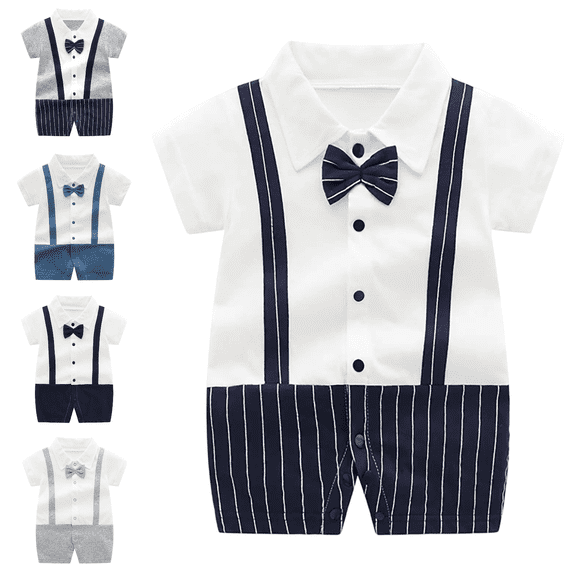 Lovzfmll Gentleman Print Short Sleeve Romper for Toddlers, Cotton Snap Crotch Jumpsuit for Little Boys, Birthday Formal Party Outfits for 3-6 Months