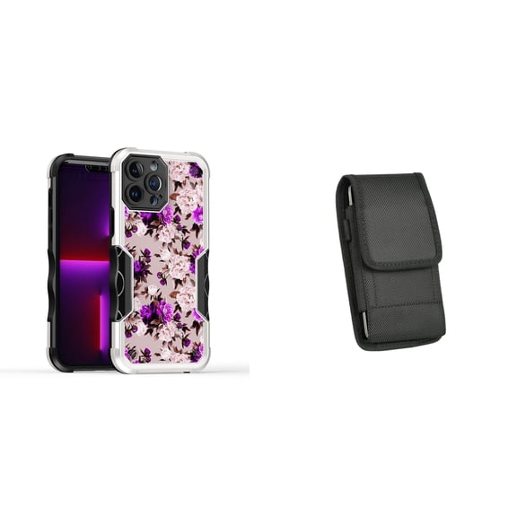 Case and Pouch Bundle for iPhone 14: Heavy Duty Armor Rugged Case (Purple Pink Flowers) and Vertical Nylon Belt Holster