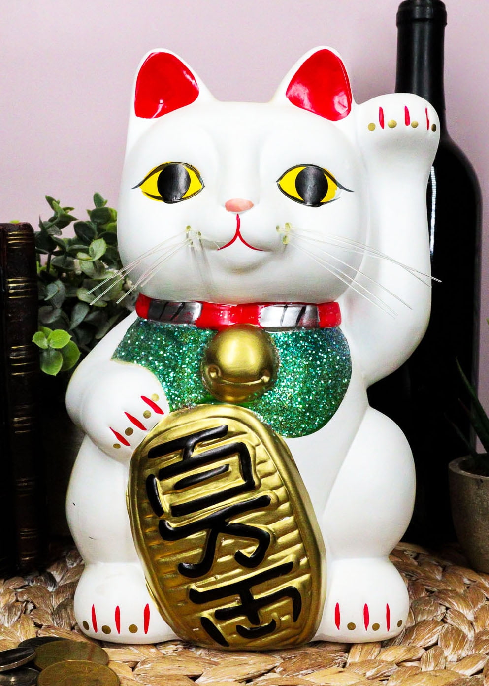 Japanese Ceramic White Maneki Neko Lucky Cat Coin Bank #KT6-C S-1612 