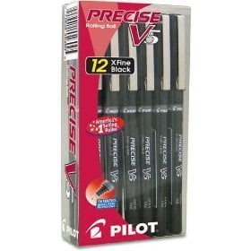 Black Fine Edge Box Pilot Precise V5 Stick Rolling Ball Pens, Extra Fine Point, Black Ink, Dozen Box (35334) ()
