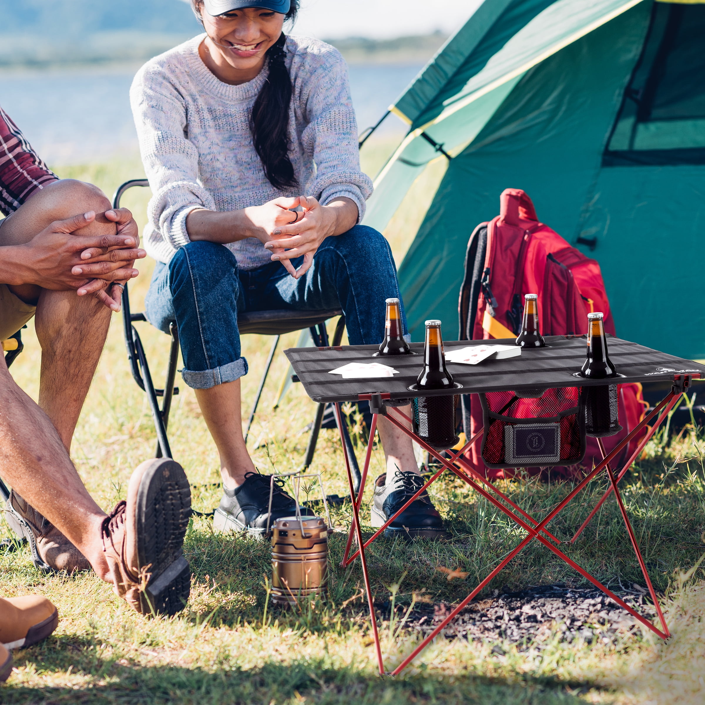 Camp Table-Outdoor Folding Table with 4 Cupholders and Carrying Bag by Wakeman Outdoors