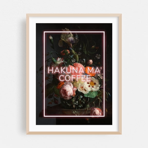 Hakunama Coffee - Mixed Media Neon Sign Floral Humor Kitchen Decor Quote Botanical Typography Oak Framed Wall Art Print 11 x 14 inches