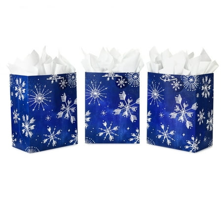 Hallmark 17" Extra Large Holiday Gift Bags with Tissue Paper (3 Gift Bags: Starry Snowflakes on Navy Blue) for Christmas, Hanukkah, Weddings, Birthdays