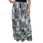 Mogul Womens Maxi Long Skirt Printed Bohemian Tiered Elastic Waist Black White A-Line Gypsy Hippie Chic Skirts