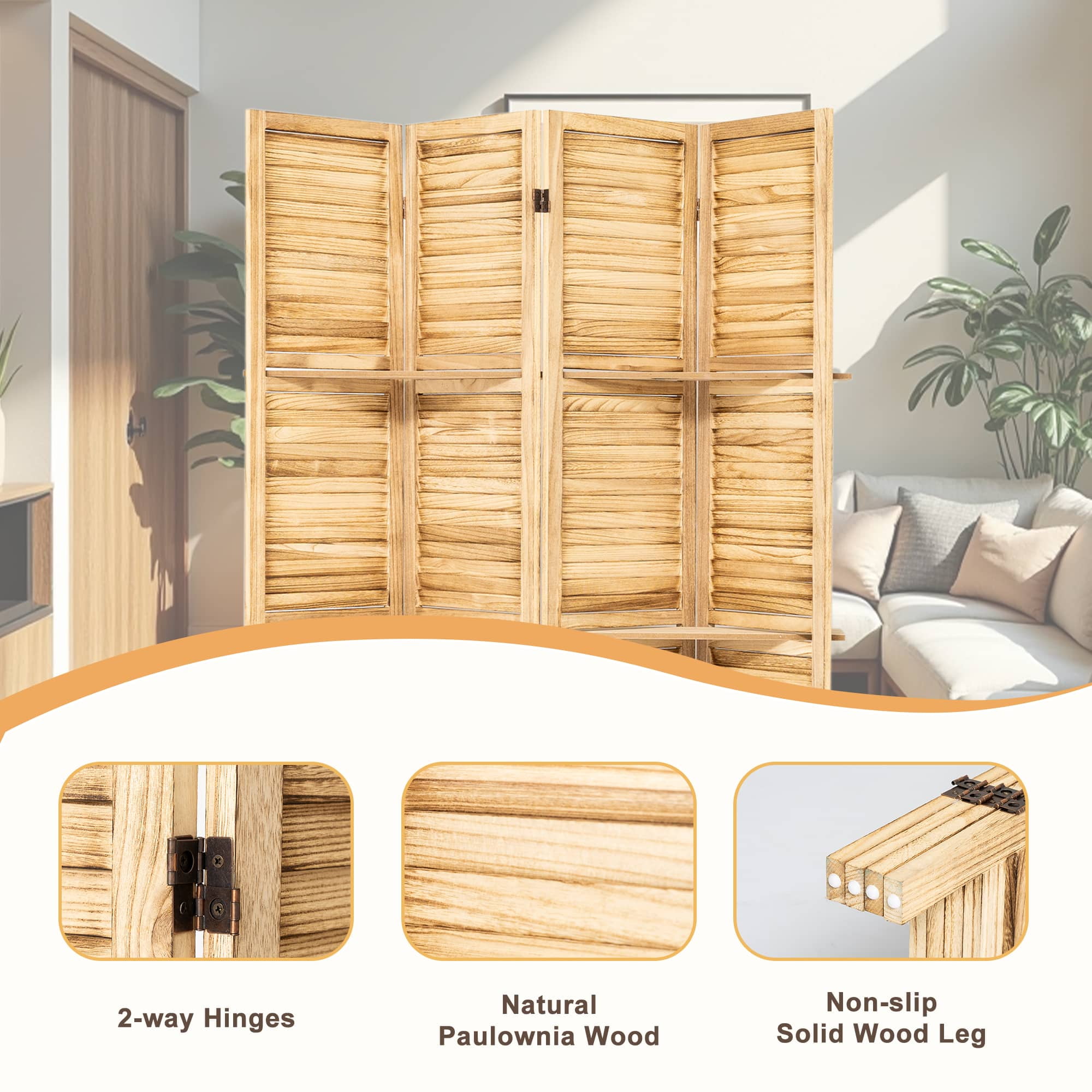 MAYEERTY 4 Panel Freestanding Wood Room Divider with Display Shelves, Natural Color