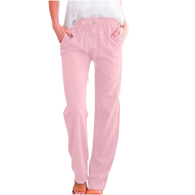 Ladies Casual Pants High Waisted Drawstring Elastic Straight Leg Long Pants With Pockets Woman Pants Pink XXXL