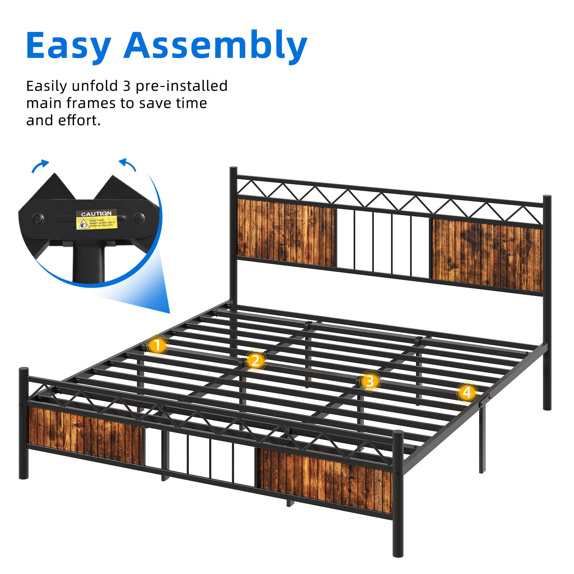 DEXTRUS King Size Platform Metal Bed Frame with Headboard & Soundproof Cotton, Black & Brown