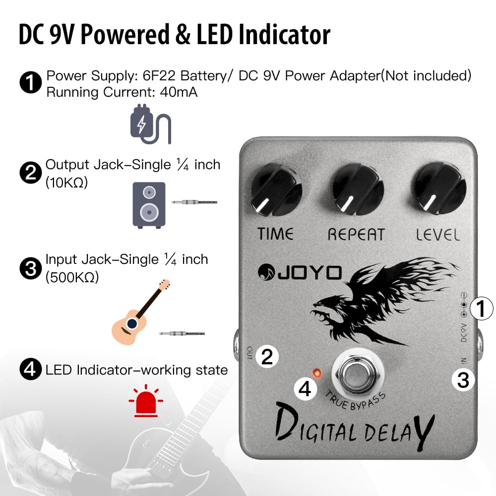 JOYO Digital Delay Effect Pedal for Electric Guitar & Bass - Analog Delay - True Bypass (JF-08)